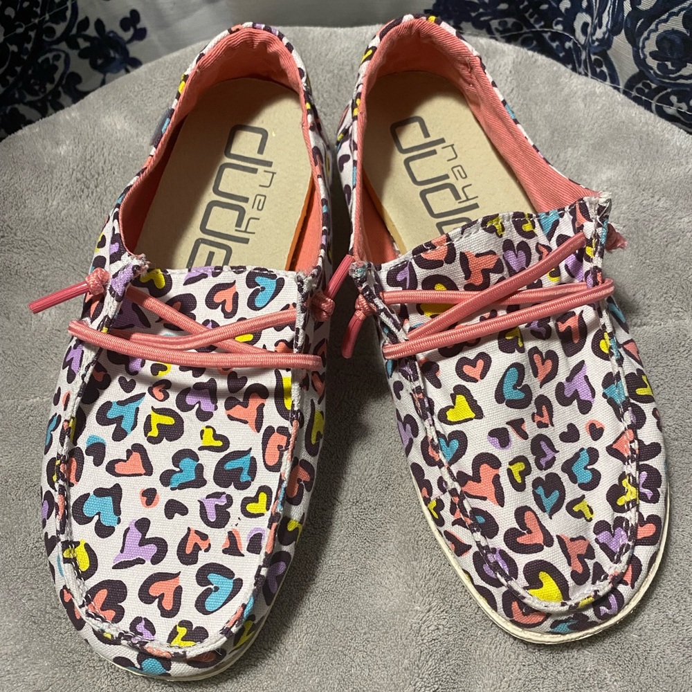 Hey Dude youth size 3/4 in the style “Wendy” and color style “White Leopard “